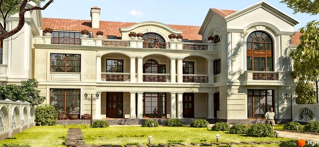 Величний котеджний комплекс з класичною архітектурою. Простора прибудинкова територія з доглянутим газоном та декоративними кущами.