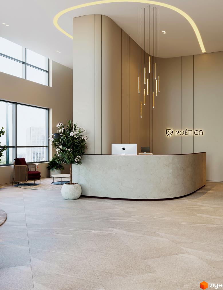Інтер'єр приміщення ЖК Poetica. Стійка рецепції з логотипом, освітлення та рослини у горщиках. Вікна з видом на місто.