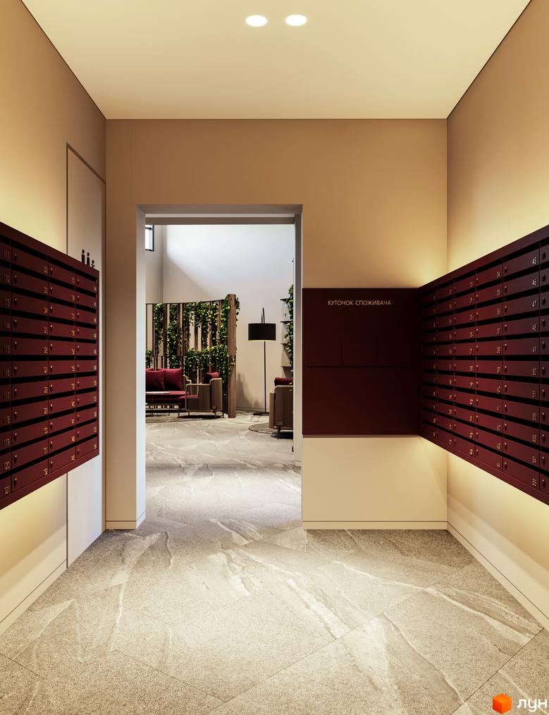 Інтер'єр ЖК Poetica. Перша колекція: поштові скриньки в холі житлового будинку, вхід до зони відпочинку з м'якими меблями та озелененням.