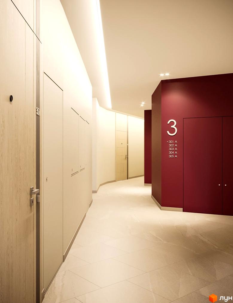 Інтер'єр поверху в Житловому комплексі Poetica. Перша колекція. Коридор з дверима до квартир та номер поверху на стіні.