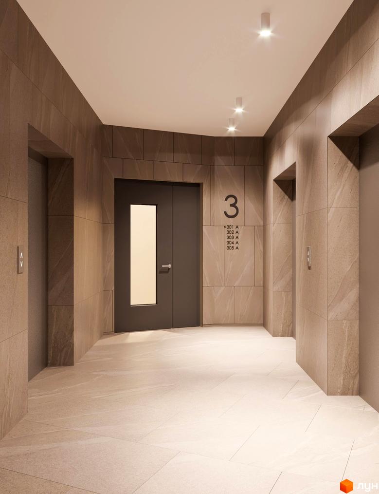 Інтер'єр поверху в Будівельному проєкті Poetica. Перша колекція. Коридор з дверима та ліфтами на поверсі.