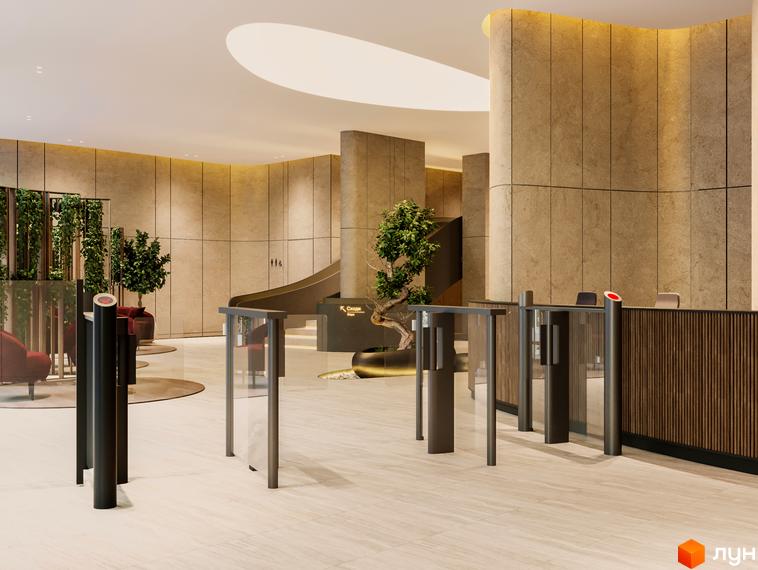 Інтер'єр лобі Житлового комплексу Poetica. Перша колекція: просторий хол зі світлими стінами, турнікетами, рецепцією та озелененням.