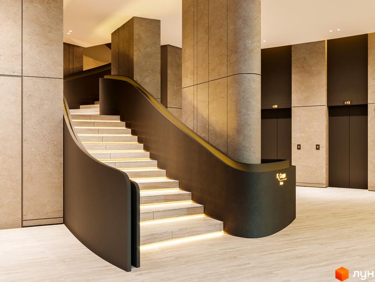 Інтер'єр Житлового комплексу Poetica. Перша колекція: сходи з підсвічуванням та ліфти. Оздоблення стін та підлоги у світлих тонах.