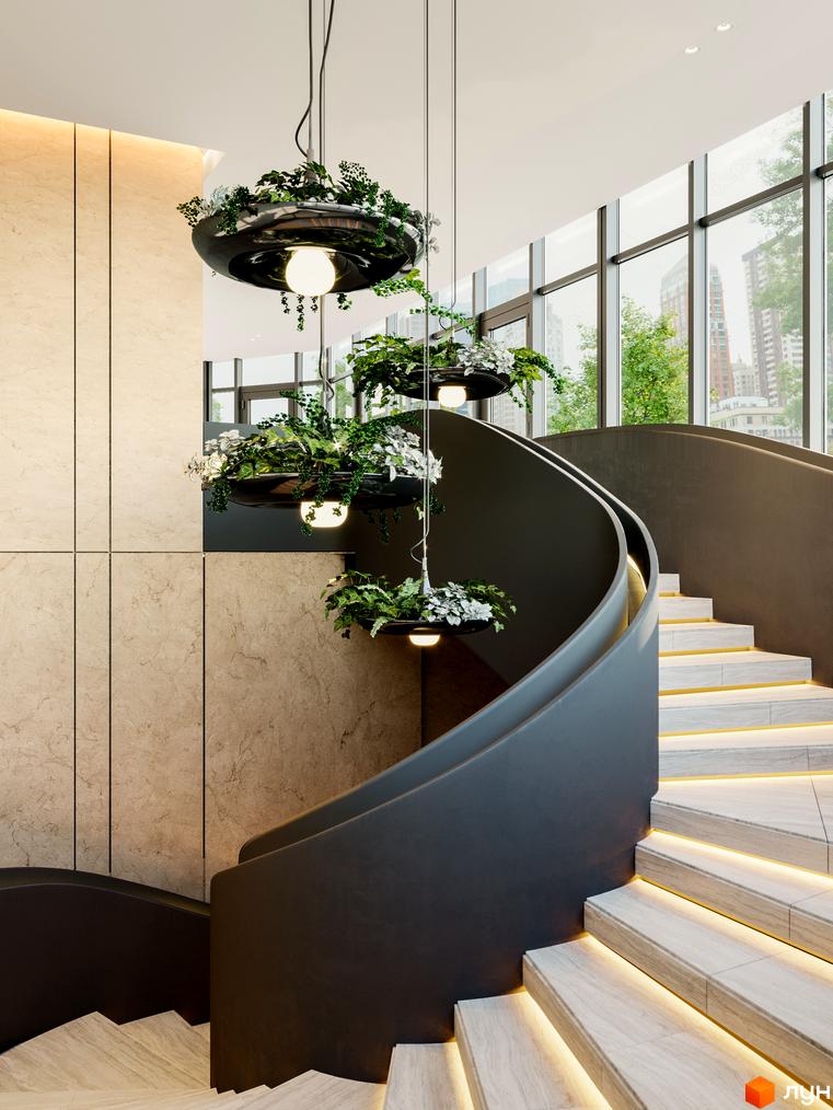 Інтер'єр Житлового комплексу Poetica. Перша колекція: вигнуті сходи з підсвіткою, стіни з кам'яних панелей та підвісні світильники з рослинами. Вид на місто.