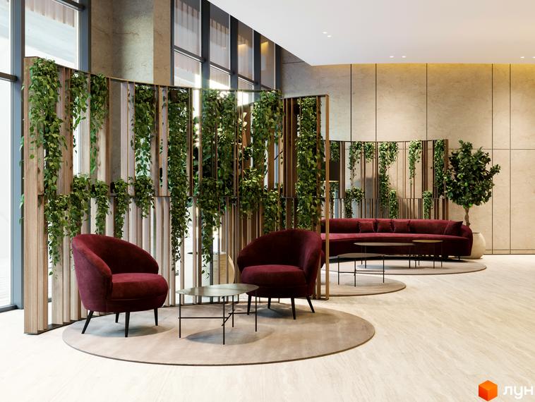 Інтер'єр Житлового комплексу Poetica. Перша колекція: просторий хол з панорамними вікнами, зеленими рослинами на дерев'яних перегородках та бордовими диванами.