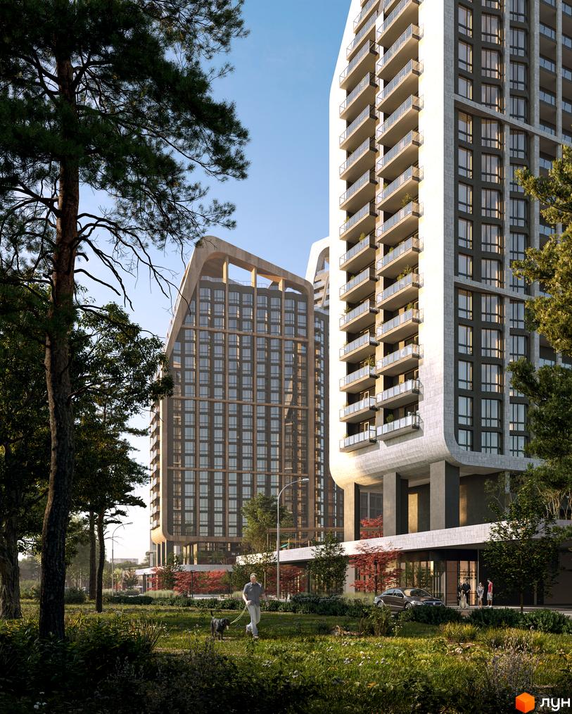 Зображення фасаду та прибудинкової території Житлового комплексу Poetica. Друга колекція. На передньому плані зелений газон.