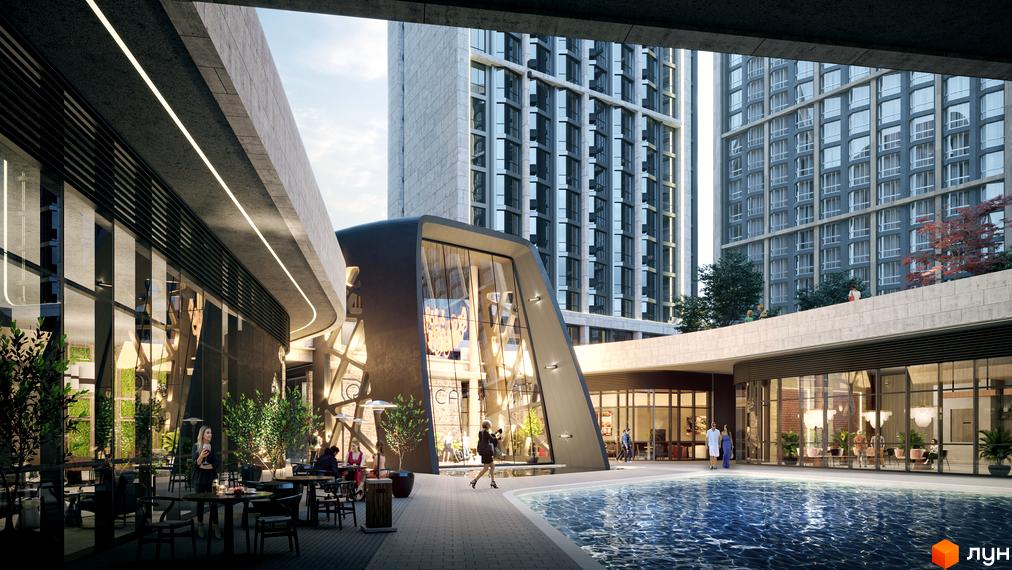 Зображення двору Житлового комплексу Poetica. Друга колекція з басейном та місцями для відпочинку. Висотки на задньому плані.