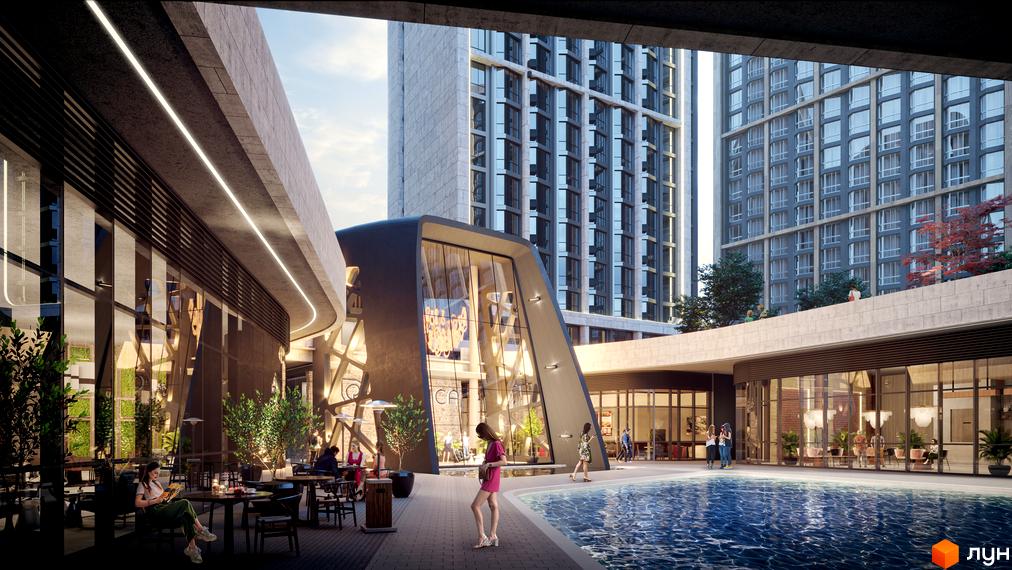 Зображення сторінки Житлового комплексу Poetica. Друга колекція. Вигляд на будівлю та басейн у внутрішньому дворі.