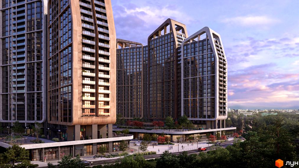 Зображення фасаду та прибудинкової території Комплексу Poetica. Друга колекція. Висотні будинки з великими вікнами та озелененням навколо.