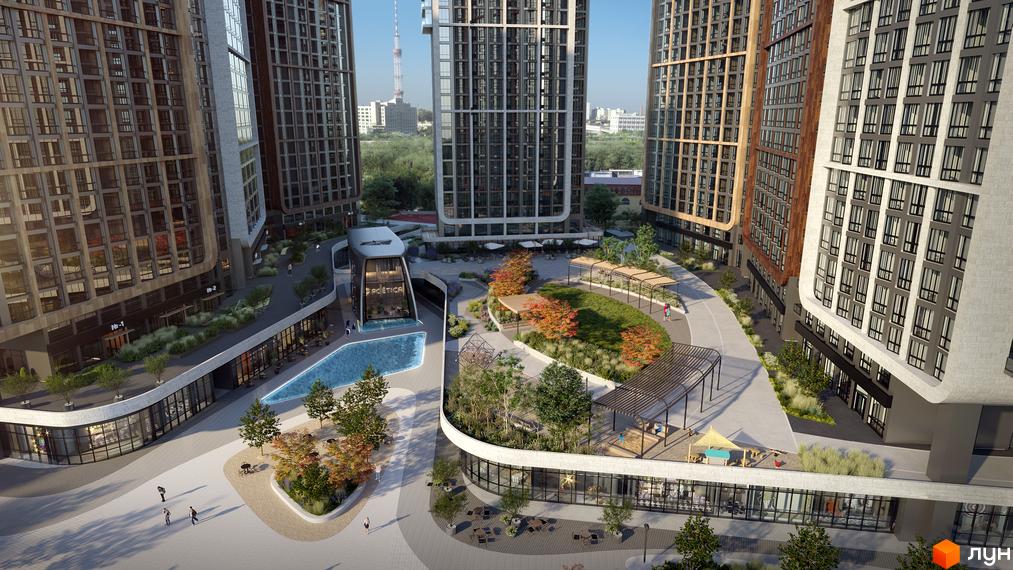 Житловий комплекс Poetica. Друга колекція з висотними будинками та басейном у дворі. Навколо новобудови облаштовано пішохідні зони.