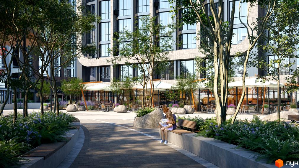 Вигляд на фасад будинку в Житловому комплексі Poetica. Друга колекція. На передньому плані дівчинка з мамою читають книжку на лавці.