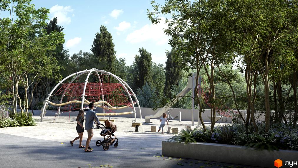 Зображення ігрового майданчика біля Житлового комплексу Poetica. Друга колекція. Дитячі гірки, гойдалки та зелені насадження.