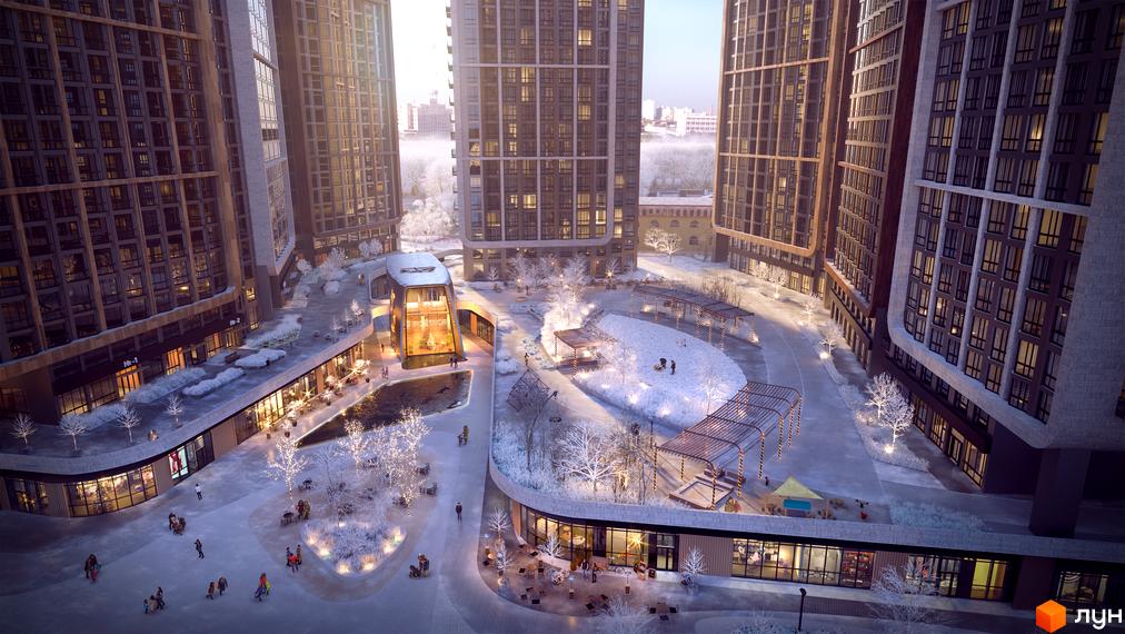 Зображення Житлового комплексу Poetica. Друга колекція взимку. Вигляд на висотні будинки та подвір'я з місцями для відпочинку.
