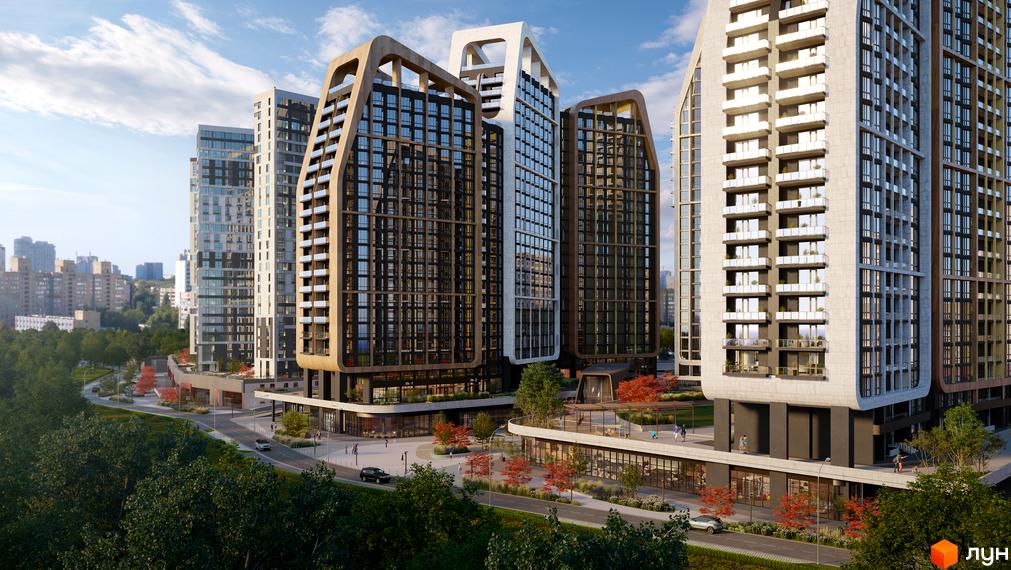 Зображення Житлового комплексу Poetica. Друга колекція з фасадом та прибудинковою територією. Вигляд на новобудову ззовні.