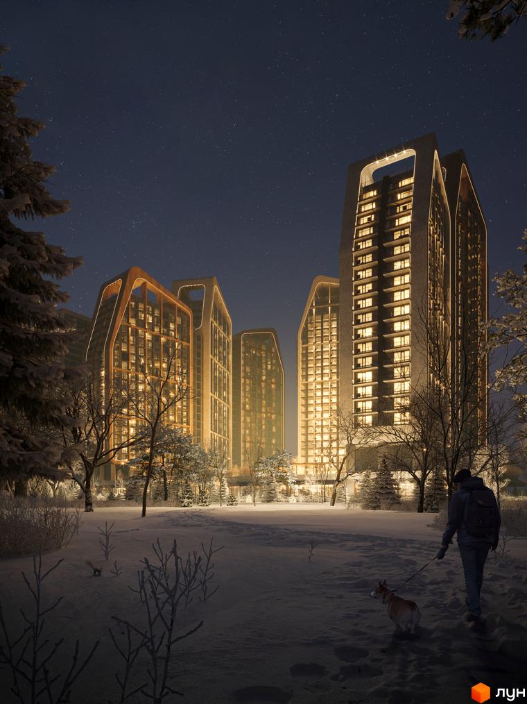 Зображення Житлового комплексу Poetica. Друга колекція взимку вночі. Висотки з підсвіткою, засніжена територія, людина з собакою.