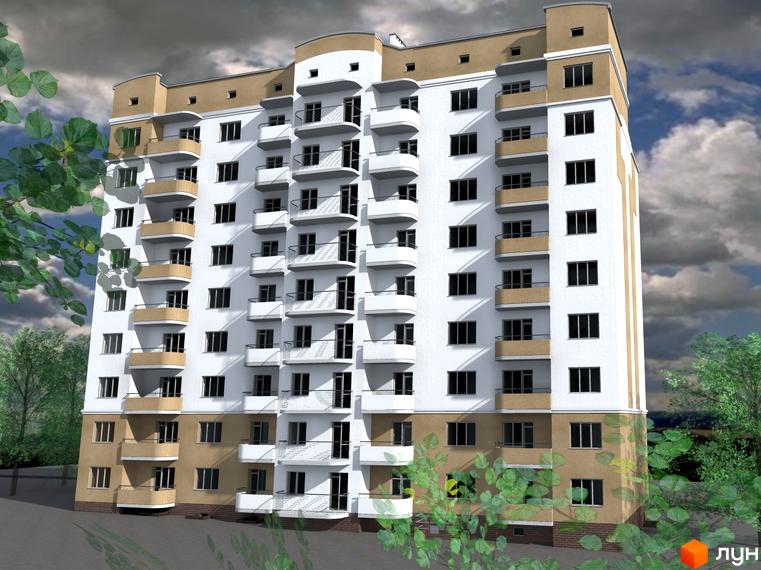 Зовнішній вигляд багатоповерхового будинку з білими стінами та бежевими елементами, з численними балконами та вікнами. Навколо видно зелені дерева та хмарне небо.