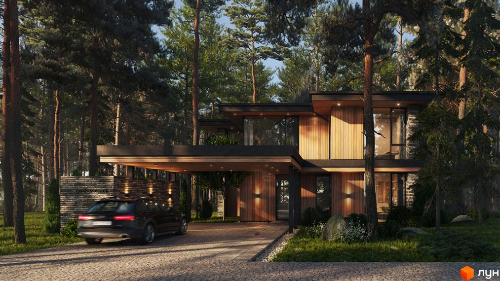 Зображення будинку в Котеджному містечку Wooden House. Навколо сосновий ліс та доглянута прибудинкова територія.