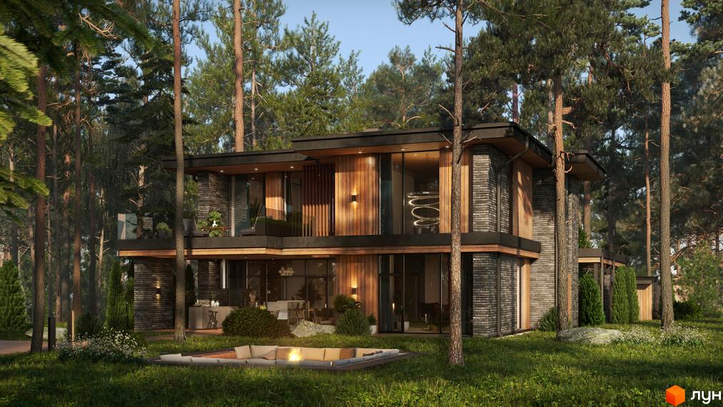 Зображення двоповерхового будинку в Котеджному містечку Wooden House з великими вікнами та дерев'яним оздобленням, розташованого серед сосен.