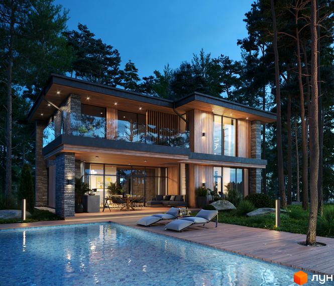 Зображення будинку в Котеджному містечку Wooden House з басейном. Навколо будинку дерева та зелений газон.