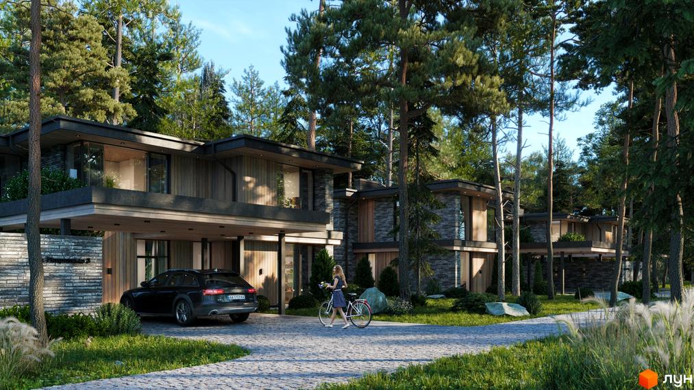 Зображення Котеджного містечка Wooden House: двоповерхові будинки з дерева та каменю, прибудинкова територія з газоном та деревами.