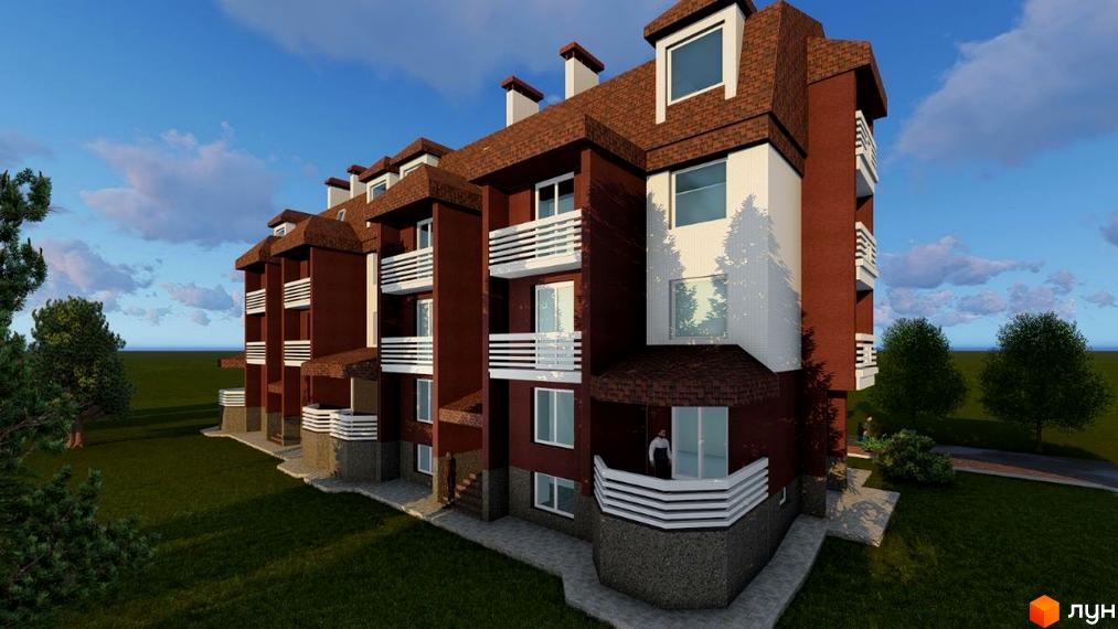 Зображення фасаду Житлового комплексу Три шоколади з балконами та коричневою покрівлею. Навколо будинку зелений газон та дерева.