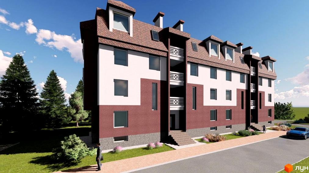 Зображення фасаду Житлового району Три шоколади, триповерхового будинку з мансардою. Навколо зелена територія та дорога.