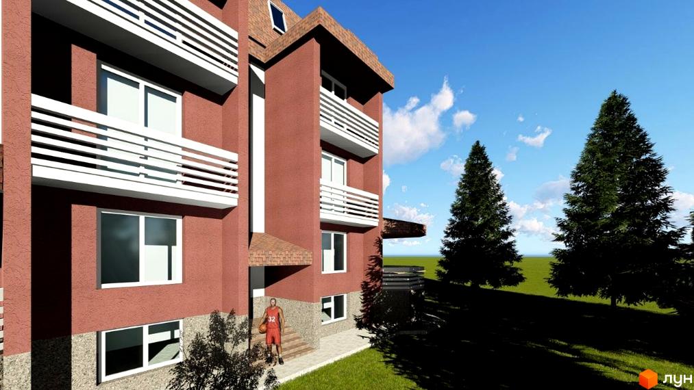 Зображення фасаду Новобудови Три шоколади з балконами та великими вікнами. Навколо будинку зелена трава та дерева.