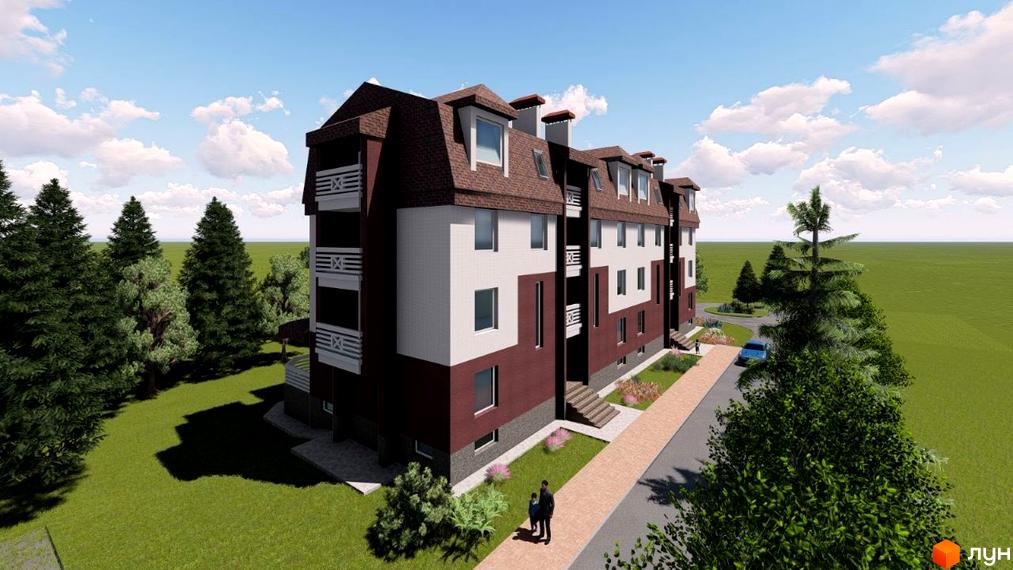 Зображення Житлового комплексу Три шоколади. Багатоповерховий будинок з мансардним дахом та балконами, поруч зелена територія.