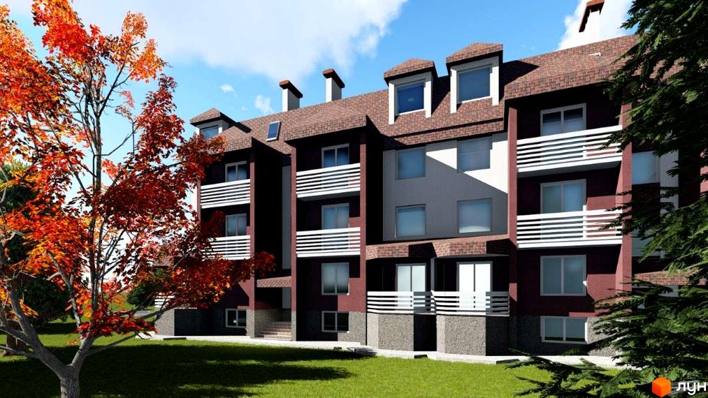 Зображення фасаду та прибудинкової території Житлового комплексу Три шоколади. Багатоповерховий будинок з балконами та зеленим газоном.