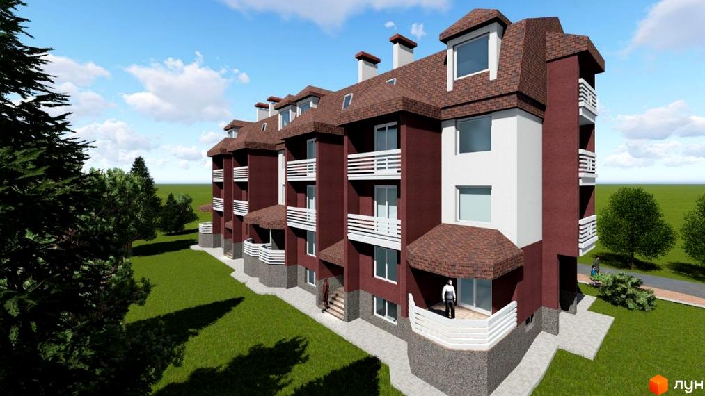 Зображення фасаду будинку Житлового комплексу Три шоколади з балконами та прибудинковою територією з газоном.