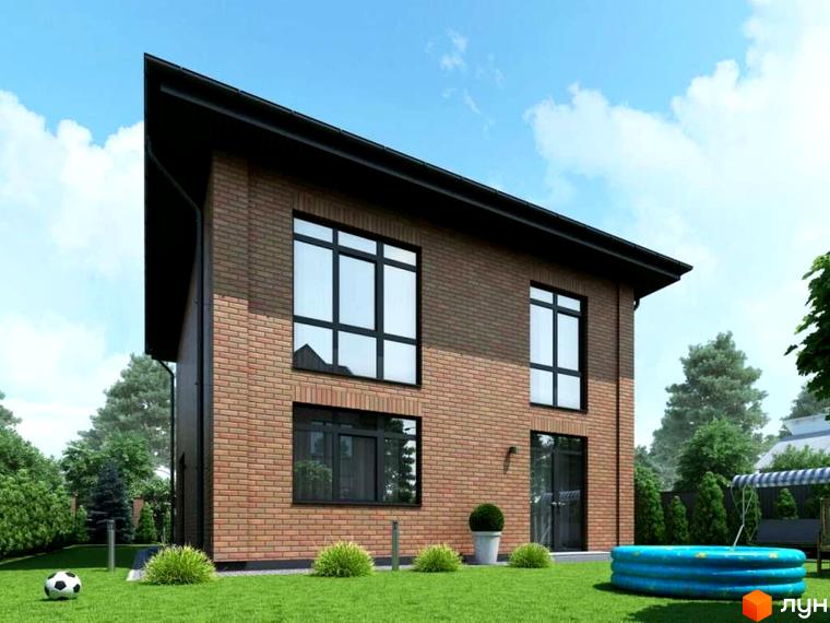 Котеджне містечко КМ Pine Wood • mini: двоповерховий будинок з цегляним фасадом та великими вікнами, зелена галявина з дитячим басейном та дитячим м'ячем.