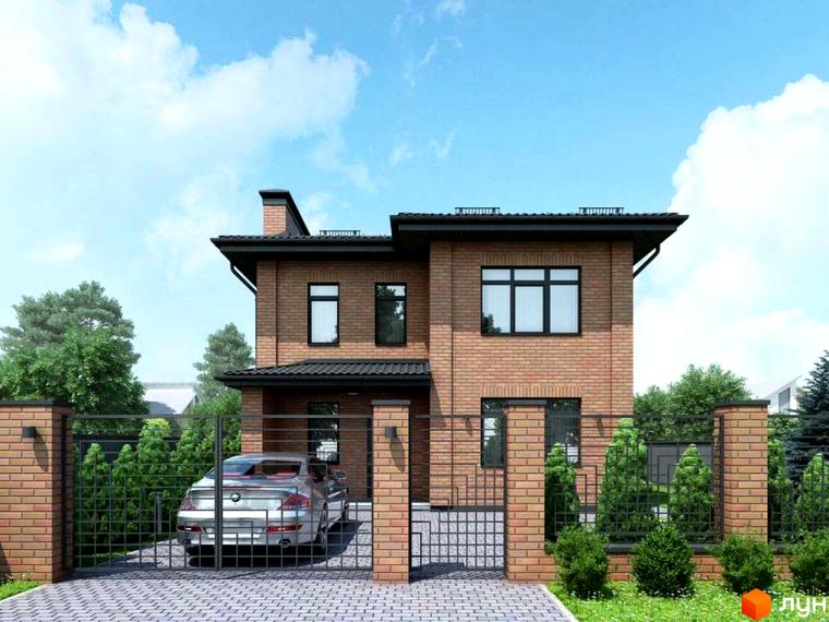 Котеджне містечко КМ Pine Wood • mini. Зовнішній вигляд цегляного двоповерхового будинку з чорним дахом та вікнами, прибудинкова територія з парканом, деревами та автомобілем.