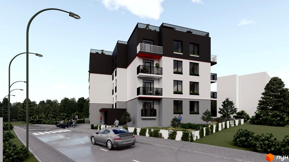 Житловий комплекс Hygge. Багатоповерховий будинок з білими стінами та чорним дахом, з балконами та озелененою прибудинковою територією.