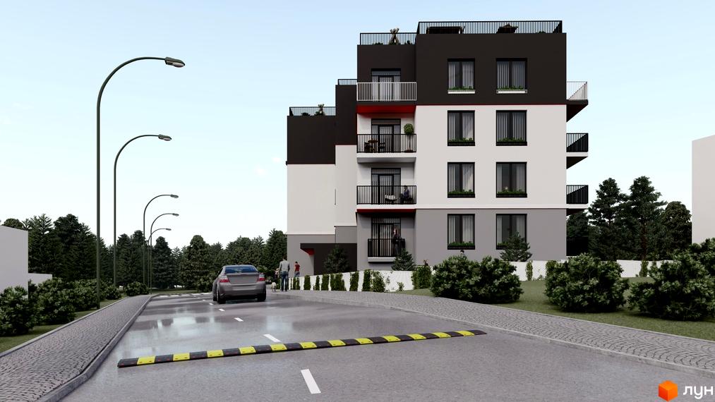 Зображення фасаду Житлового комплексу Hygge та прибудинкової території з деревами та газонами.