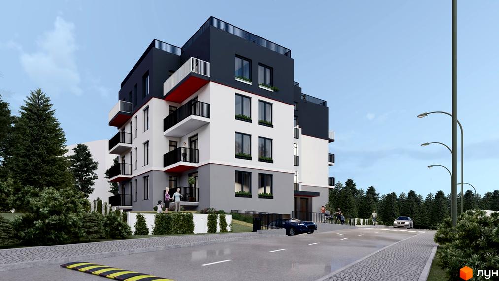 Багатоповерховий будинок ЖК Hygge з білими фасадами та чорним дахом. На прибудинковій території дорога, дерева та люди.