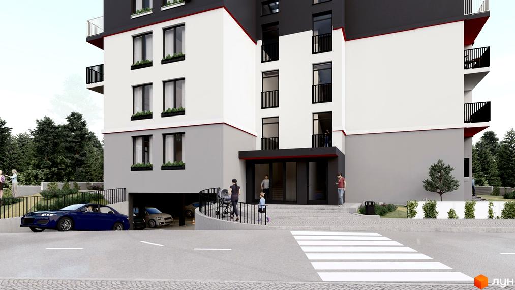 Зовнішній вигляд будинку ЖК Hygge з білими та сірими фасадами, вхідною групою та підземним паркінгом. На прибудинковій території є зелені насадження та пішохідний перехід.