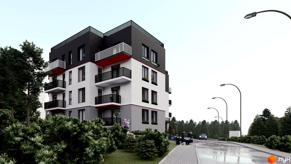 Зображення житлового комплексу Hygge: багатоповерхова будівля з балконами та прилеглою територією з деревами та дорогою.