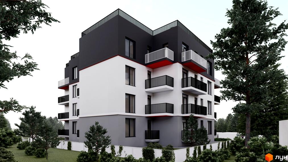 Зображення ЖК Hygge. Багатоповерховий будинок з білими стінами та чорним дахом. Навколо будинку зелені насадження та дерева.