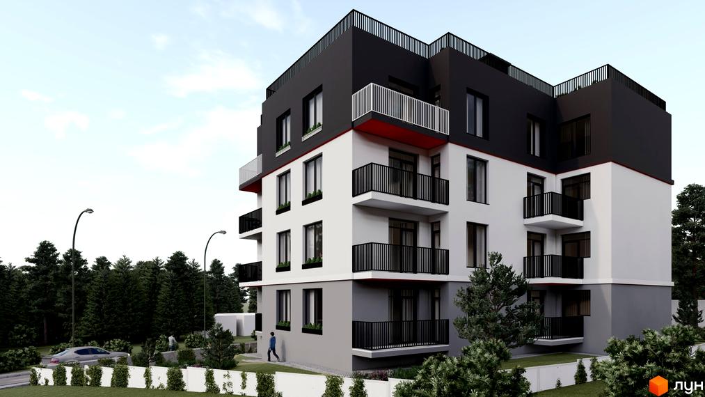 Зображення фасаду та прибудинкової території Житлового комплексу Hygge. Багатоповерхова будівля з балконами та зеленими насадженнями.