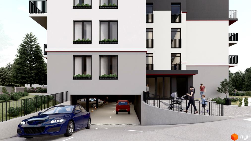 Зовнішній вигляд будинку ЖК Hygge з білими стінами, чорними вікнами та балконами. На прибудинковій території є паркінг та зелені насадження.