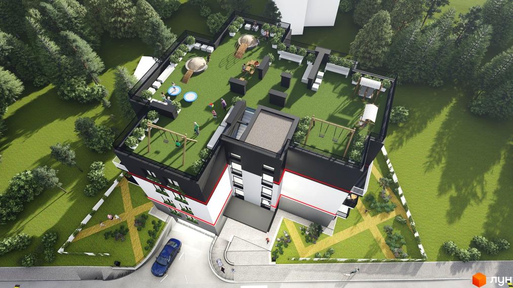 Зображення будинку ЖК Hygge з зеленим дахом, дитячим майданчиком та зоною відпочинку. На прибудинковій території є зелені насадження та парковка.