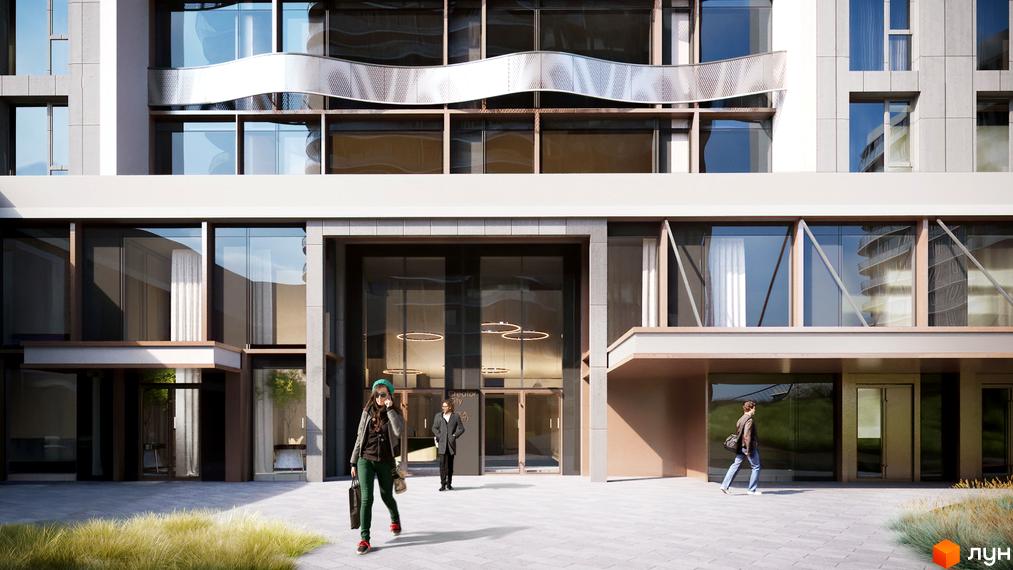 Новобудова Creator City з великими вікнами та вишуканим фасадом. Перед будинком розташована доглянута прибудинкова територія з травою та бруківкою.