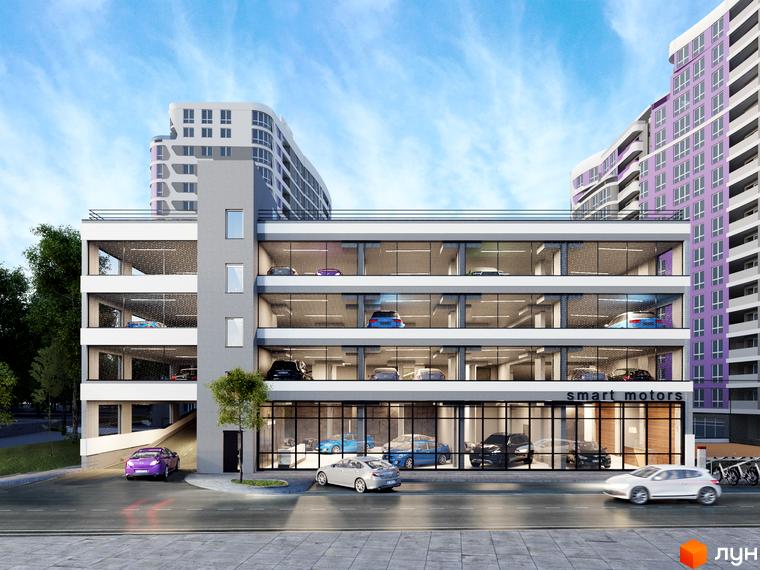 Зовнішній вигляд Новобудови Парус Smart з паркінгом. На передньому плані автомобілі та дорога.