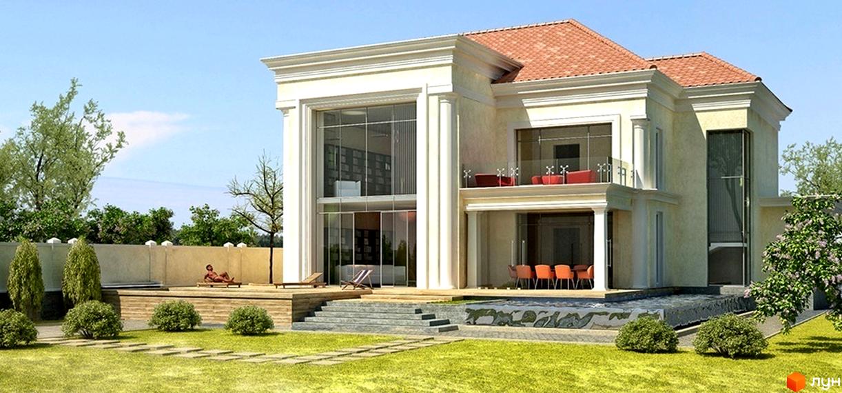 Двоповерховий будинок з великими вікнами та терасою. На прибудинковій території газон, доріжки, басейн та зелені насадження.