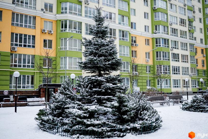 Житловий комплекс Евромісто у зимовий період. Фасади будівель оздоблені зеленою та жовтою плиткою. На прибудинковій території ростуть ялинки, вкриті снігом, та встановлені лавки.