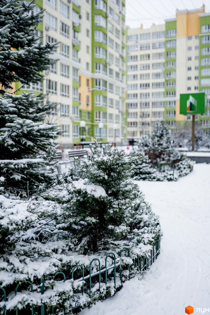 Житловий комплекс Евромісто у зимовий період. Навколо новобудов розташовані засніжені ялинки та зелені насадження.