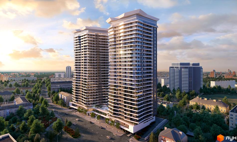 Житловий комплекс Diadans - це дві висотні будівлі з панорамним склінням та балконами. Навколо комплексу розташовані зелені насадження та міська забудова.