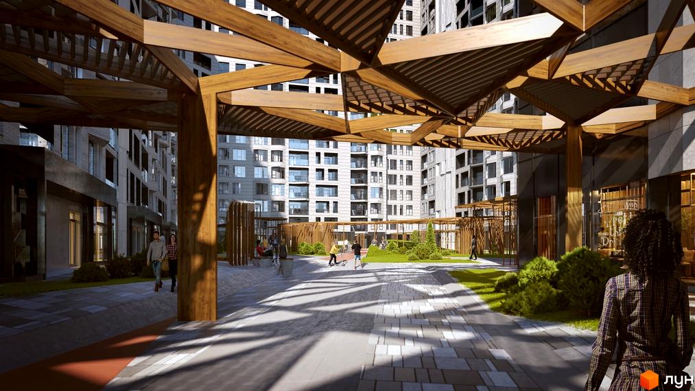 Зображення двору Житлового комплексу Fjord з дерев'яними навісами та пішохідною зоною. Вигляд на багатоповерхові будинки та зелені насадження.