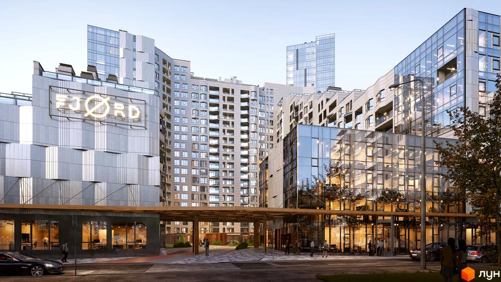 Житловий комплекс Fjord з різноповерховими будинками, що поєднують скляні та металеві фасади. На передньому плані видно вхідну групу, комерційні приміщення та дорогу.