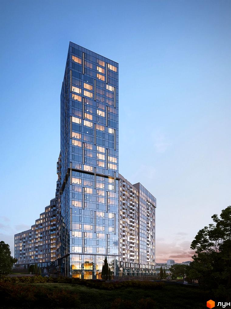Зображення житлового будинку в Житловому комплексі Fjord. Висотна будівля з панорамними вікнами та озелененою територією навколо.
